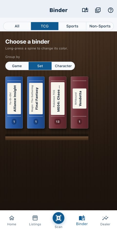 The BinderTrax bookshelf with binders grouped by set