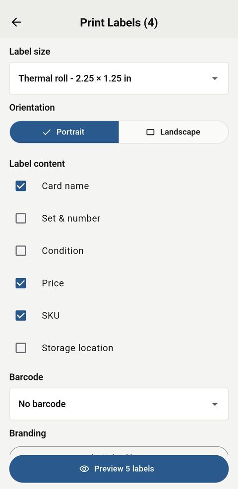 The label setup screen showing thermal roll size, orientation, content fields and barcode options