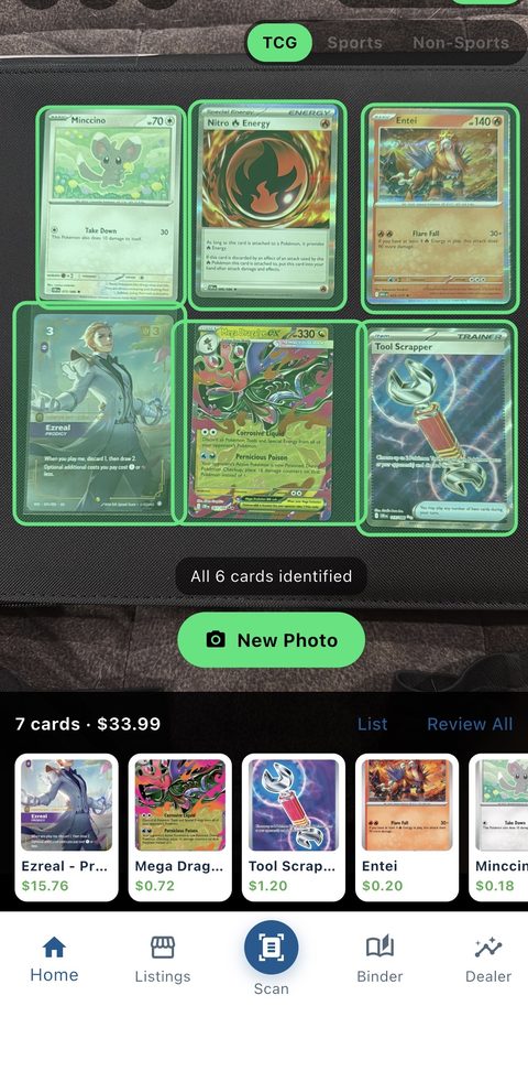 Multi-Scan identifying six cards in a single photo