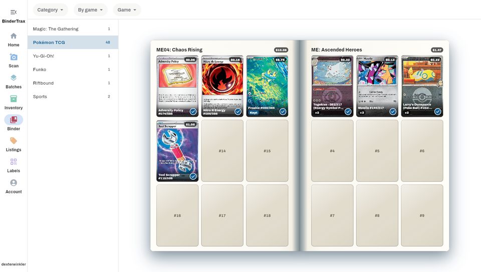 The Binder in the portal: a two-page spread of ME04: Chaos Rising and ME: Ascended Heroes with owned cards, quantities, and each page's value