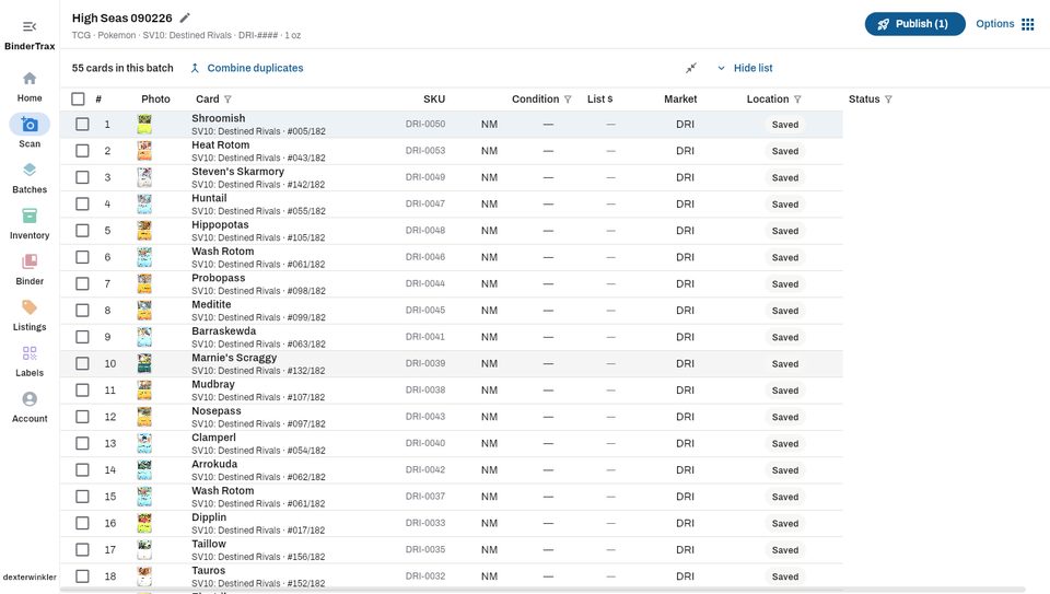 The batch table taking the whole window, one row per card with SKU, condition, list price, market, location and status