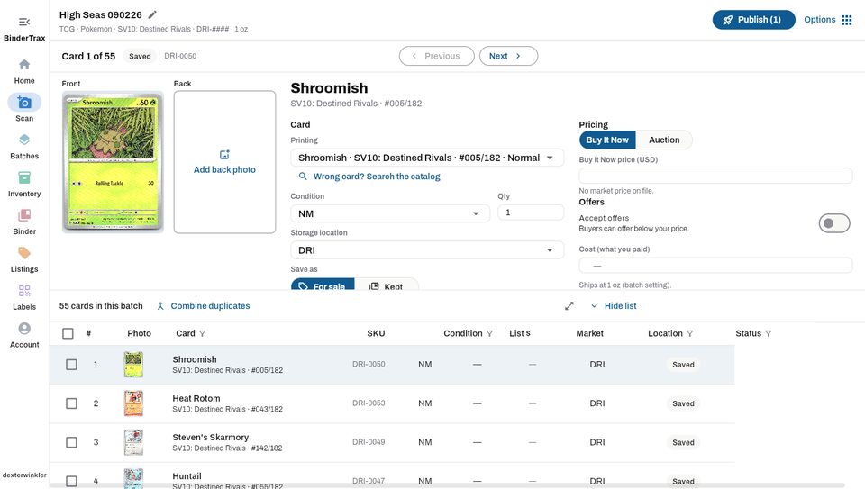 A scan batch open in the BinderTrax portal: the card being reviewed up top with its front photo, printing, condition, location and pricing fields, and the batch as a table below