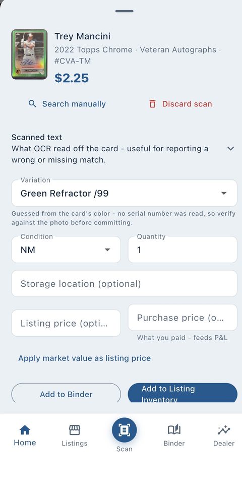 A Quick Scan result showing a serial-numbered parallel and its market price