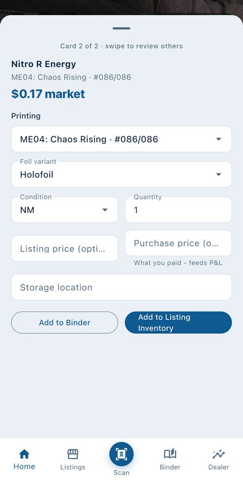The scan review sheet with printing, condition, listing price and purchase price
