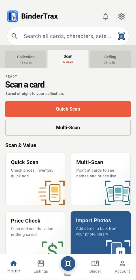 The BinderTrax Scan tab showing Quick Scan, Multi-Scan, Price Check and Import Photos