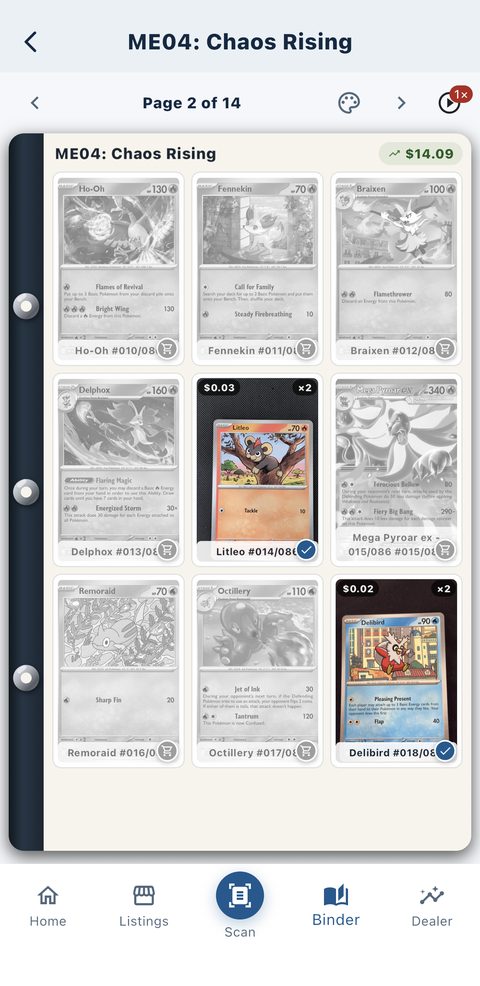 A set page showing owned cards in colour and missing cards in outline